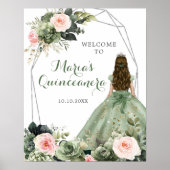 Sage Groen Blush Roze Bloemen Quinceañera Welkom Poster (Voorkant)