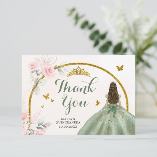 Sage Groen Blush Roze Prinses Quinceanera Bedankkaart (Staand voorkant)