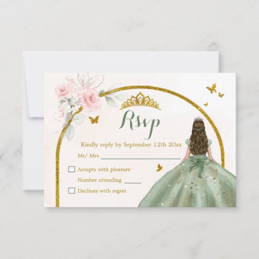 Sage Groen Blush Roze Prinses Quinceañera RSVP Kaartje (Voorkant)