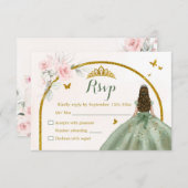 Sage Groen Blush Roze Prinses Quinceañera RSVP Kaartje (Voorkant / Achterkant)