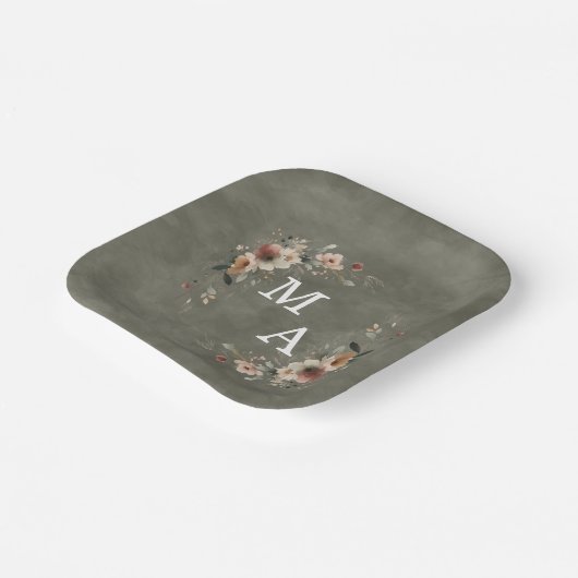 Sage Groen Boho Bloemen Krans Bruiloft Monogram Papieren Bordje (Gebogen)