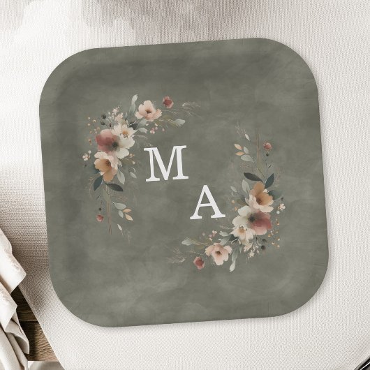 Sage Groen Boho Bloemen Krans Bruiloft Monogram Papieren Bordje