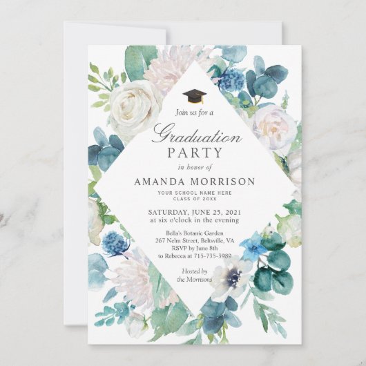 Sage Groen Bord Blauw Wit Bloemen Afstudeerfeest Kaart (Voorkant)