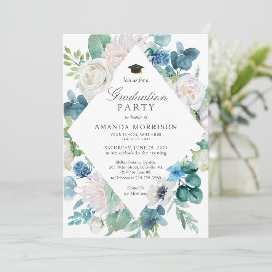 Sage Groen Bord Blauw Wit Bloemen Afstudeerfeest Kaart (Staand voorkant)