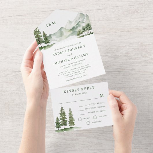 Sage Groen Bos Berg Rustieke Natuur Bruiloft All In One Uitnodiging (Afscheurbaar)