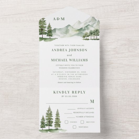 Sage Groen Bos Berg Rustieke Natuur Bruiloft All In One Uitnodiging (Binnen)