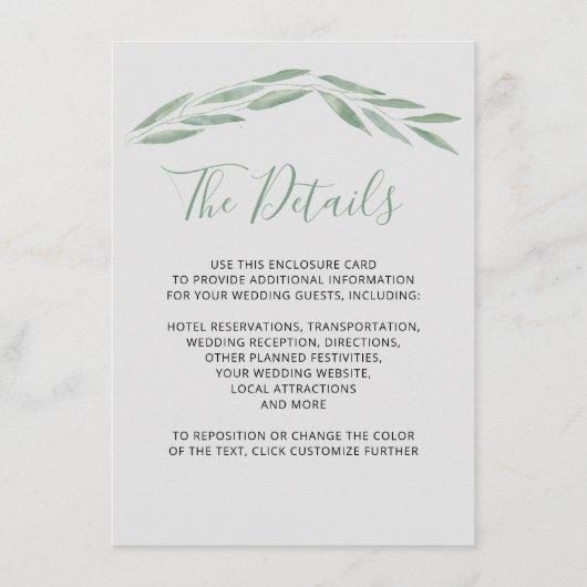 Sage groen bruiloft details Kaart, botanische encl Informatiekaartje (Voorkant)
