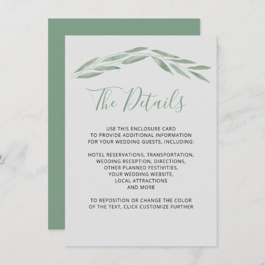 Sage groen bruiloft details Kaart, botanische encl Informatiekaartje (Voorkant / Achterkant)