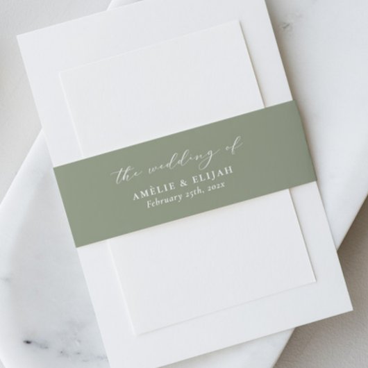 Sage Groen Bruiloft Uitnodiging Belly Band Script Uitnodigingen Wikkel