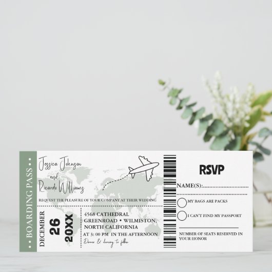 Sage Groen Bruiloft uitnodiging Boarding pass tick (Staand voorkant)