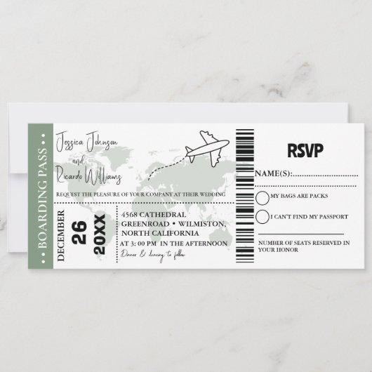 Sage Groen Bruiloft uitnodiging Boarding pass tick (Voorkant)