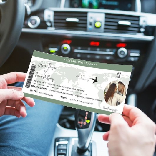 Sage Groen Bruiloft uitnodiging Boarding pass tick