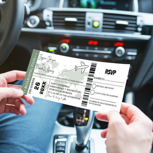 Sage Groen Bruiloft uitnodiging Boarding pass tick