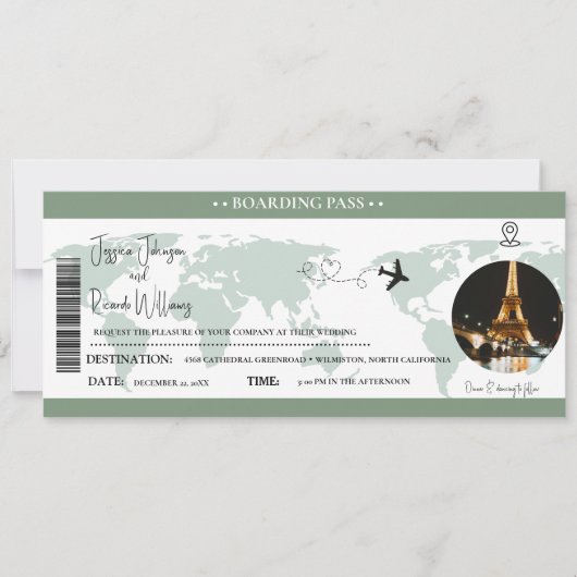Sage Groen Bruiloft uitnodiging Boarding pass tick (Voorkant)