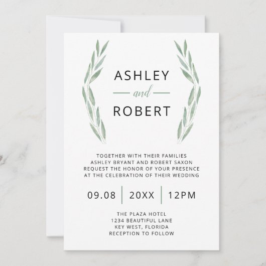 Sage groen bruiloft uitnodiging, Waterverf Kaart (Voorkant)