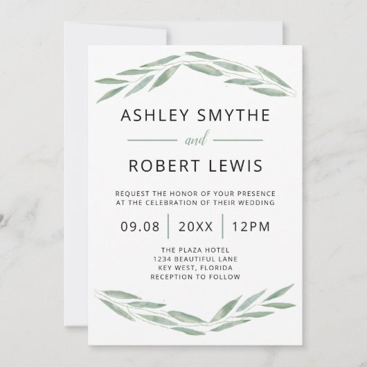 Sage groen bruiloft uitnodiging, Waterverf uitnodi Kaart (Voorkant)