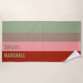 Sage Groen Bruin Roze Rode Strepen Patroonnaam Strandlaken (Voorkant)