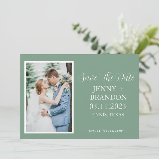 Sage Groen Casual Script Foto Romantisch Save The Date (Staand voorkant)