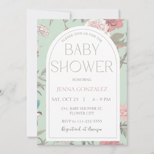 Sage Groen Chinoiserie Botanisch Baby shower Kaart (Voorkant)
