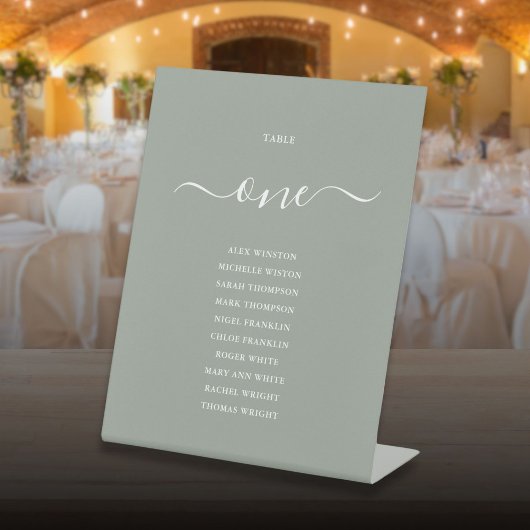 Sage Groen Chique Script Tafelnummer Zittingkaart Reclamebord Met Voetstuk
