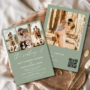 Sage Groen De Trouwfoto QR-code Elegant Kaart