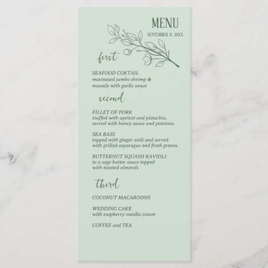 Sage Groen Eenvoudig Boho Bloemen Bruiloft Menu (Voorkant)