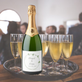 Sage Groen Eenvoudig Hart Krans Bruiloft Sparkling Wijnetiket