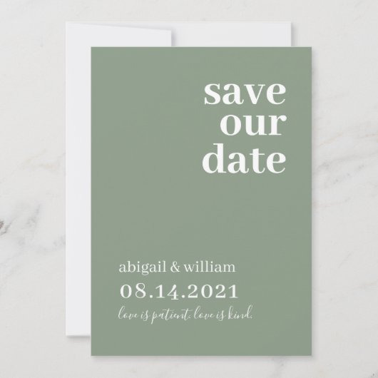 Sage Groen Eenvoudig Modern Niet Foto Bruiloft Save The Date (Voorkant)