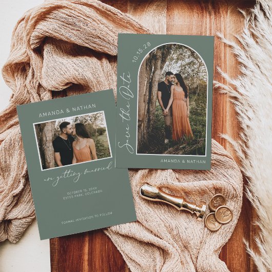 Sage Groen Eenvoudige Boog Foto Bruiloft Save The Date