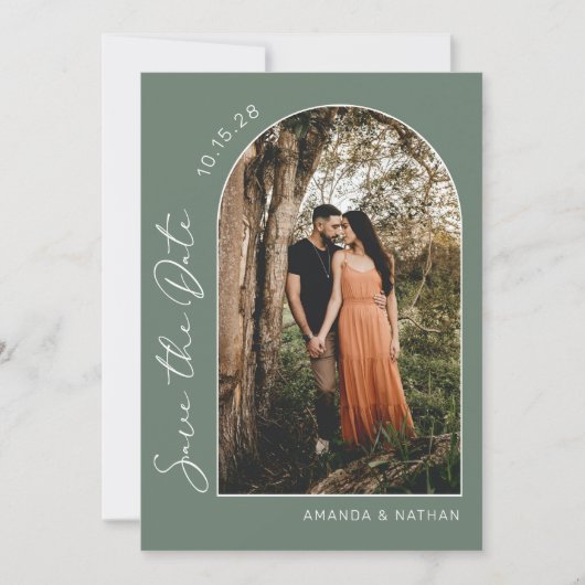 Sage Groen Eenvoudige Boog Foto Bruiloft Save The Date (Voorkant)