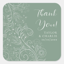 Sage Groen Elegant Bloemen Bruiloft Dank u Vierkante Sticker