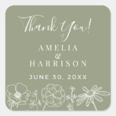Sage Groen Elegant Bloemen Bruiloft Dank u Vierkante Sticker (Voorkant)