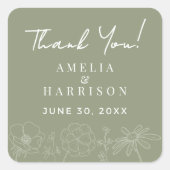 Sage Groen Elegant Bloemen Bruiloft Dank u Vierkante Sticker (Voorkant)