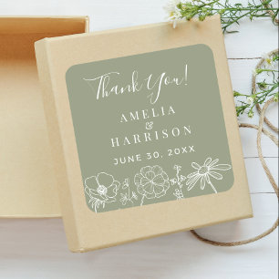 Sage Groen Elegant Bloemen Bruiloft Dank u Vierkante Sticker