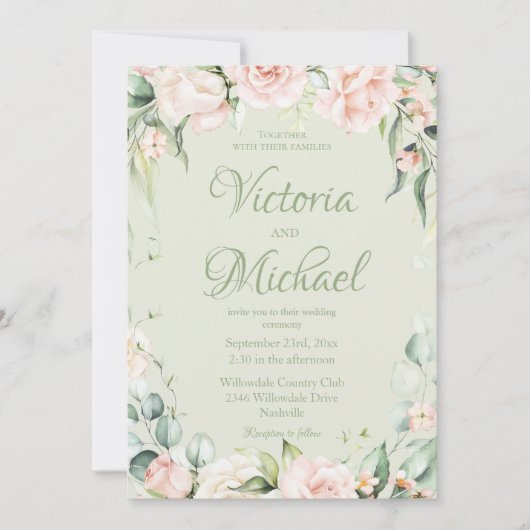 Sage Groen Elegant Bloemen Bruiloft Kaart (Voorkant)