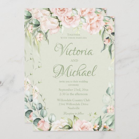 Sage Groen Elegant Bloemen Bruiloft Kaart (Voorkant / Achterkant)