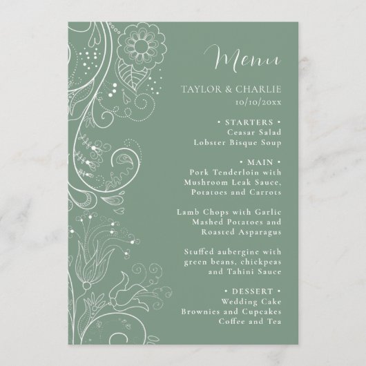 Sage Groen Elegant Bloemen Bruiloft Menu (Voorkant)
