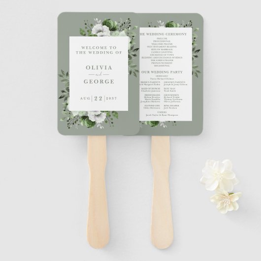 Sage Groen Elegant Bloemen Bruiloft Programma Handwaaier (Voorkant en achterkant)