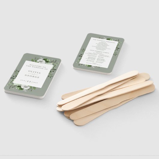 Sage Groen Elegant Bloemen Bruiloft Programma Handwaaier (Niet-gemonteerd)