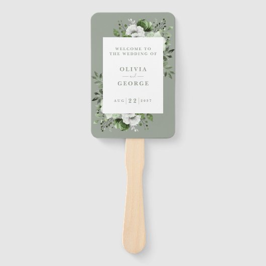 Sage Groen Elegant Bloemen Bruiloft Programma Handwaaier (Voorkant)