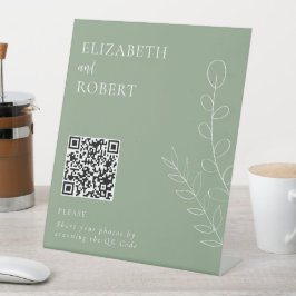 Sage Groen Elegant Bruiloft Foto Delen QR Code Reclamebord Met Voetstuk