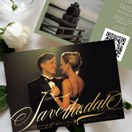 Sage Groen Elegant Goud Kalligrafie QR Code Foto Folie Uitnodiging