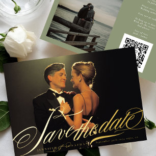 Sage Groen Elegant Goud Kalligrafie QR Code Foto Folie Uitnodiging