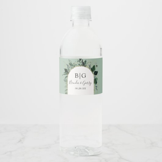Sage Groen Elegant Groen Bladgroen Bruiloft Waterfles Etiket (Voorkant)