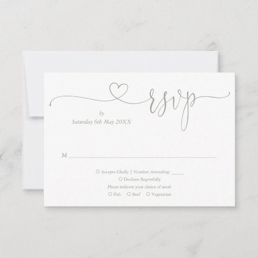Sage Groen Elegant Hart Script RSVP Kaartje (Voorkant)