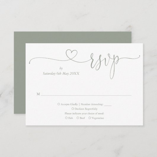 Sage Groen Elegant Hart Script RSVP Kaartje (Voorkant / Achterkant)