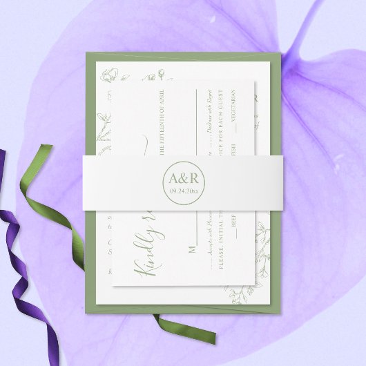 Sage groen elegant initiaal lente bruiloft uitnodigingen wikkel