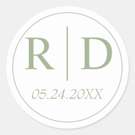 Sage groen elegant monogram wit bruiloft ronde sticker (Voorkant)