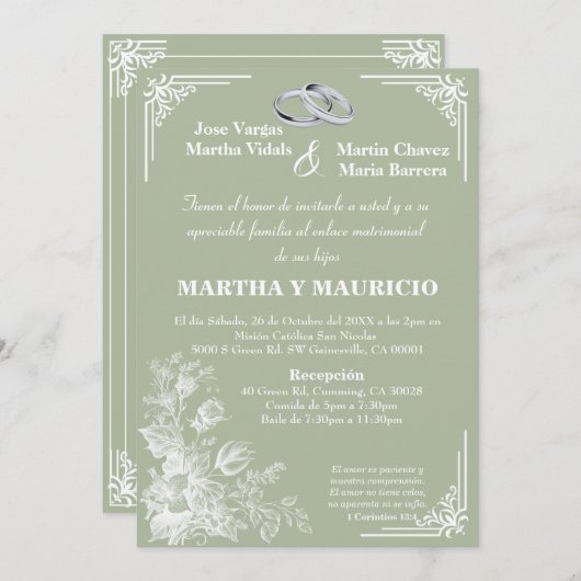 Sage Groen Elegant Nuestra Boda Kaart (Voorkant / Achterkant)