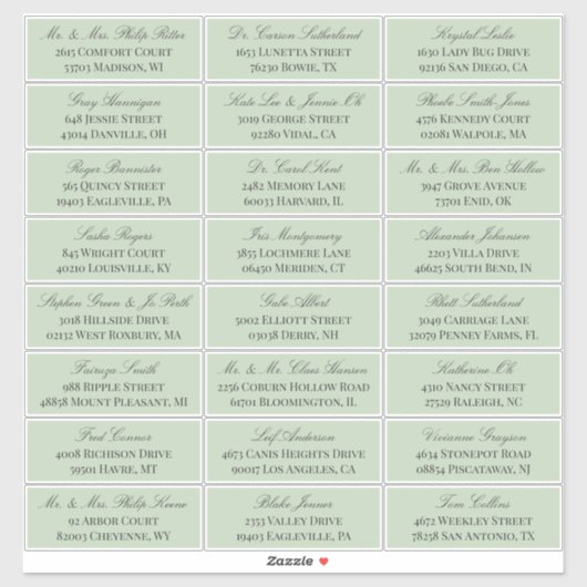 Sage Groen Elegant Script 24 Bruiloft Gast Adres Sticker (Vel)